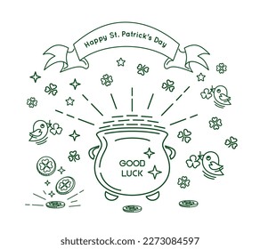 Leprechaun magic pot of gold, line icons for St. Patricks Day. Vector illustration