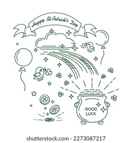 Leprechaun magic pot of gold, line icons for St. Patricks Day. Vector illustration