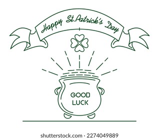 Leprechaun magic pot of gold, line icons for St. Patricks Day. Vector illustration