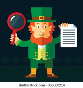 Leprechaun with magnifier glass and document searching. Flat style vector illustration   Symbol Saint Patrick's Day