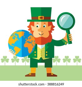 Leprechaun with magnifier glass and globe. Global search. Flat style vector illustration   Symbol Saint Patrick's Day