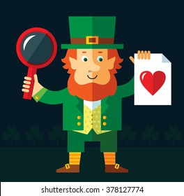 Leprechaun with magnifier glass and heart icon. Online Dating. Flat style vector illustration   Symbol Saint Patrick's Day