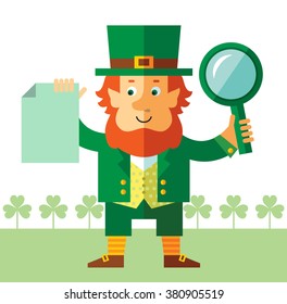 Leprechaun with magnifier glass holding blank sheet of paper searching. Flat style vector illustration   Symbol Saint Patrick's Day