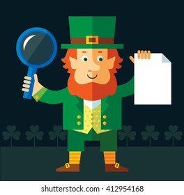 Leprechaun with magnifier glass holding blank sheet of paper searching. Flat style vector illustration   Symbol Saint Patrick's Day