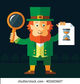 Leprechaun with magnifier glass and preloader icon. Searching. Flat style vector illustration   Symbol Saint Patrick's Day