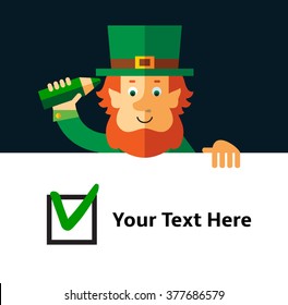 Leprechaun making green check mark in check box. Voting. Right Choice. Flat style vector illustration   Symbol Saint Patrick's Day