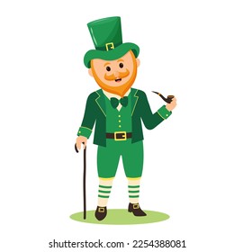 Leprechaun man with a cane holding a smoking pipe. St patrick man in Irish costume isolated on white background. 