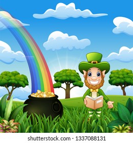 Leprechaun man with coin pot and hat on nature background
