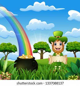 Leprechaun man with coin pot and hat on nature background