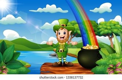 Leprechaun man with coin pot and hat on nature background