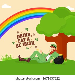 Leprechaun Man Enjoying Drinks Sit Under the Tree with Rainbow View and Golden Coins Pot for Drink, Eat and Be Irish.