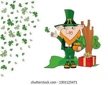 Leprechaun man with a pot of gold coins and a gift in the rain of shamrocks. Happy St. Patricks Day celebration.