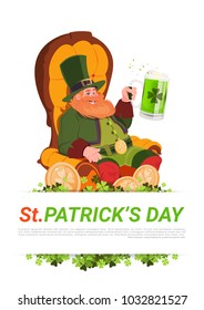 Leprechaun Man Sitting In Armchait And Drinking Beer On St. Patricks Day Card Background Flat Vector Illustration