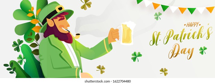 Leprechaun Man Smoking with holding Beer Mug and Paper Cut Leaves Decorated on White Background for Happy St. Patrick's Day.