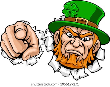 Leprechaun mascot cartoon character pointing at the viewer in a needs or wants you gesture
