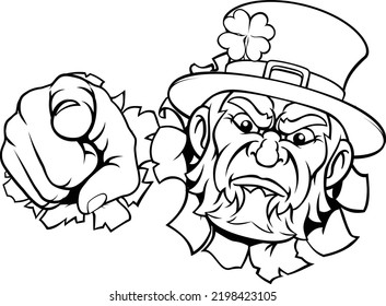 Leprechaun mascot cartoon character pointing at the viewer in a needs or wants you gesture