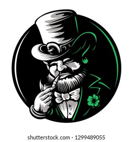 Leprechaun mascot character engraved vector illustration for Saint Patrick's Day etching linocut style Dwarf traditional Irish folklore Celtic mythology with hat shamrock and pipe on black background