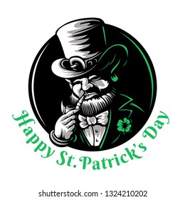 Leprechaun mascot character engraved vector illustration for Saint Patrick's Day etching linocut style Dwarf traditional Irish folklore Celtic mythology with hat shamrock and pipe on black background