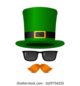 Leprechaun mask. Green top hat, sunglasses and mustache. Vector illustration.