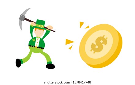 leprechaun mining gold coin dollar money economy cartoon doodle flat design style vector illustration