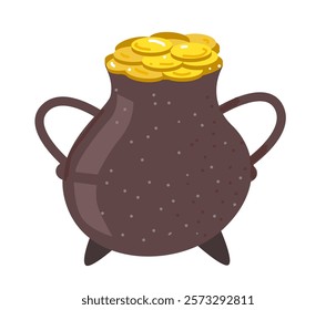 Leprechaun Money Pot with Gold Coins. St. Patrick’s Vector Illustration. 