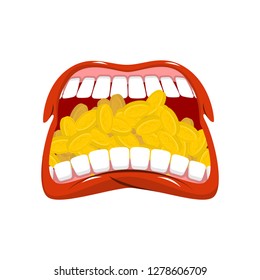 Leprechaun mouth full of gold coins. Holiday of Ireland. St.Patrick 's Day. Traditional Irish holiday.