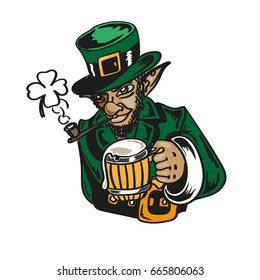 leprechaun with a mug of beer, made in green, yellow and brown
