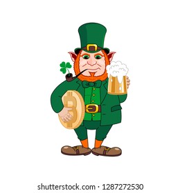 Leprechaun with a mug of beer, a smoking pipe and bitcoin. St. Patrick s Day