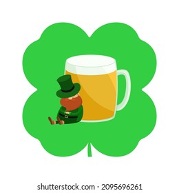 Leprechaun and mug of beer. Vector illustration.