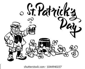 Leprechaun with a mug, celebrates St. Patrick's Day. Against the background of the barrel and the Irish shamrock. Hand 
drawn illustration. Isolated art on white background.