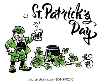 Leprechaun with a mug, celebrates St. Patrick's Day. Against the background of the barrel and the Irish shamrock. Hand 
drawn illustration. Isolated art on white background.