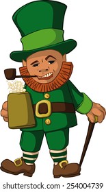 leprechaun with  mug of foamy beer in hat with walking stick and tube