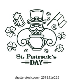 Leprechaun with mustache in top hat, holding pot of gold surrounded by shamrocks, beer mug,coins, Irish flag, with Saint Patrick's Day text in line art style. St. Patrick's logo,emblem.Vector 