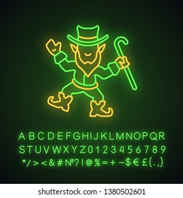 Leprechaun Neon Light Icon. Irish Mythology Character. Saint Patrick Day. Glowing Sign With Alphabet, Numbers And Symbols. Vector Isolated Illustration