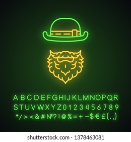 Leprechaun neon light icon. Man with bowler hat and beard. Saint Patrick Day. Glowing sign with alphabet, numbers and symbols. Vector isolated illustration