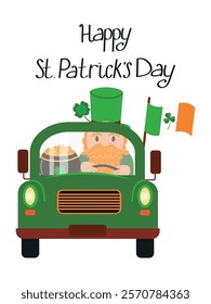 Leprechaun on a car with a cauldron of gold coins, brings good luck on St. Patrick's Day. Vector illustration of a colorful postcard for the holiday on March 17. Traditions of Ireland template for