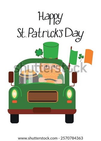 Leprechaun on a car with a cauldron of gold coins, brings good luck on St. Patrick's Day. Vector illustration of a colorful postcard for the holiday on March 17. Traditions of Ireland template for