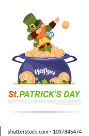 Leprechaun On POt With Golden Coins Over Happy St. Patricks Day Background Flat Vector Illustration