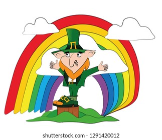 Leprechaun on stump near the rainbow and clouds. Happy St. Patricks Day celebration.