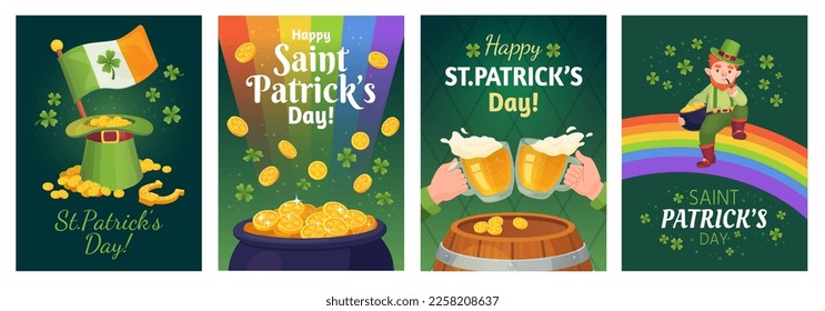 Leprechaun party banners. Saint patrick day poster template, irish celtic holidays green flyer st patricks club invitation, luck shamrock background ingenious vector illustration of greeting party day