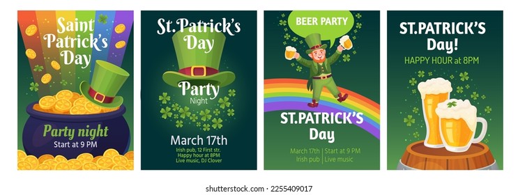 Leprechaun party invitations. St patrick typographic invitation template, patricks day irish beer festival celtic luck symbol clover gold pot, ingenious vector illustration irish invitation party