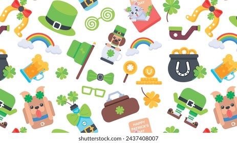 A leprechaun pattern designed with clover leaves, st patrick characters, and various lucky elements