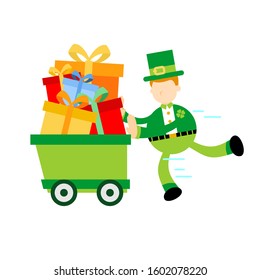 leprechaun pick gift box with cart cartoon doodle flat design style vector illustration