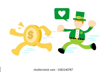 leprechaun pick gold coin money dollar cartoon doodle flat design style vector illustration