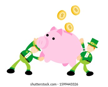 leprechaun and pig bank money flat design illustration