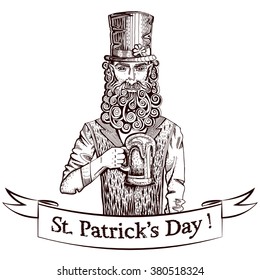 Leprechaun with a pint of beer, congratulation on vintage tape with St Patrick's day