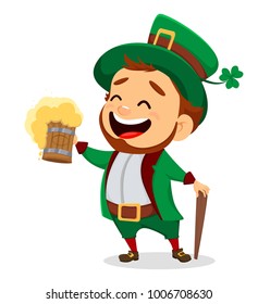 Leprechaun with a pint of beer. Saint Patrick's Day greeting card. St.Patricks Day celebration. Vector illustration