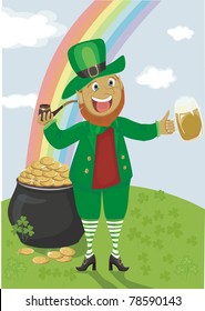 Leprechaun with a pipe and beer against a rainbow and pot of gold