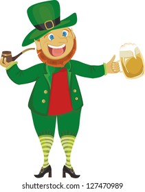 Leprechaun with a pipe and beer isolated on a white background