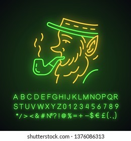 Leprechaun with pipe neon light icon. Irish mythology character. Saint Patrick Day. Glowing sign with alphabet, numbers and symbols. Vector isolated illustration